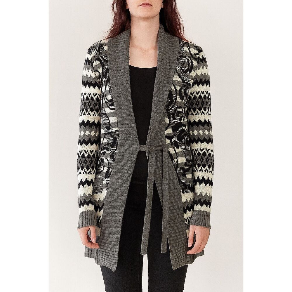 NUTURE Cardigan Sweater Women's Large Black Gray White Wool Blend Knit Waist Tie